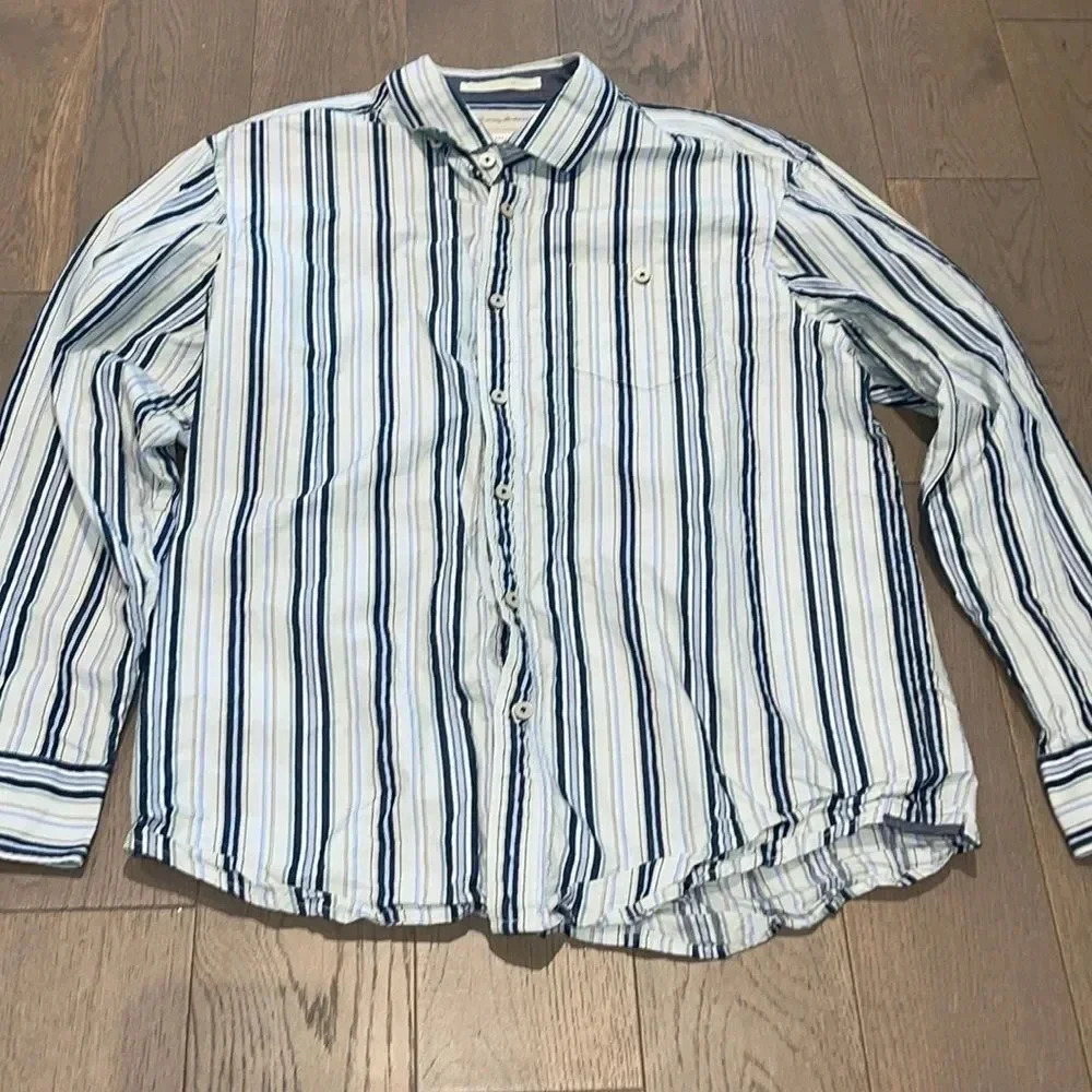 Tommy Bahama Men Size L White Blue Stripe Cotton Silk Shirt - Picture 2 of 10